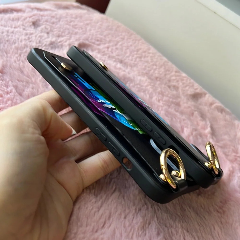 For iPhone 14 plus,14 pro max phone case with wrist strap kickstand keychain